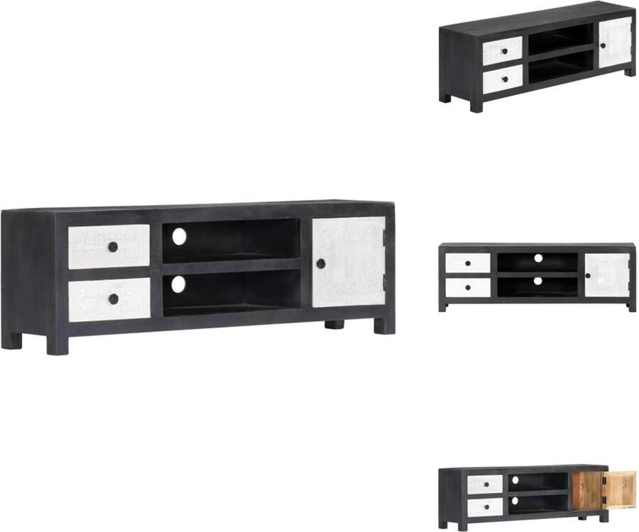 VidaXL Tv-meubel Tv-meubels Tv-kast Tv-kasten Tv-meubel handgesneden 120x30x40 cm massief mangohout grijs wit