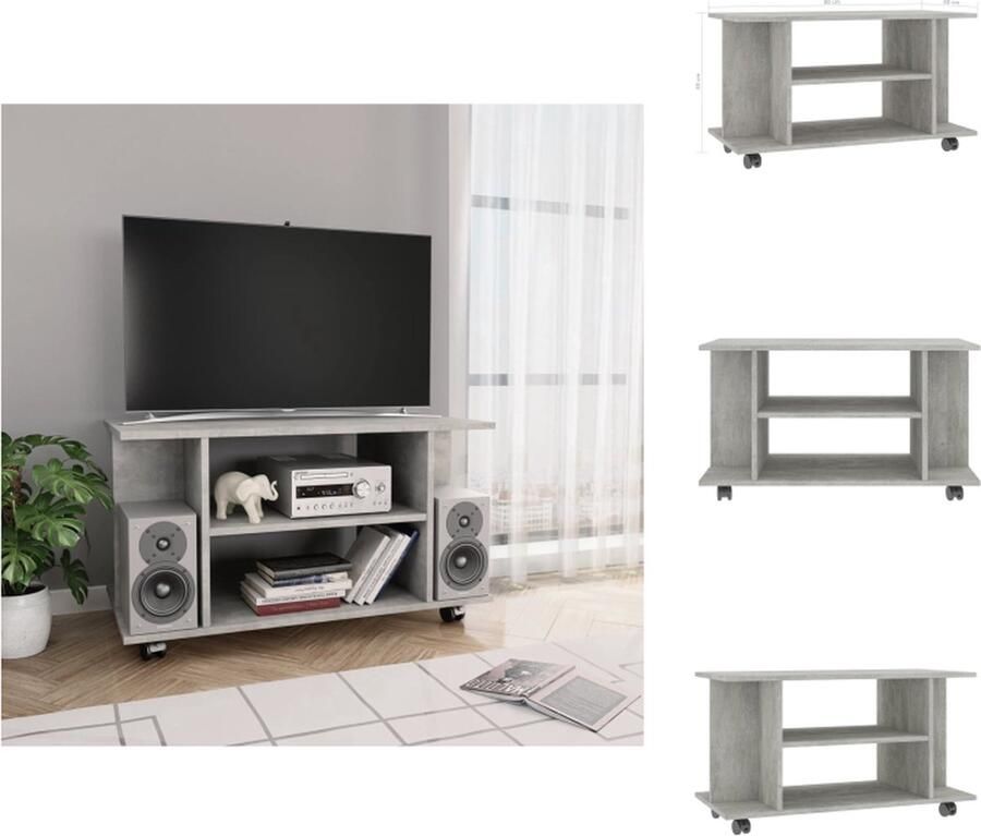 VidaXL Tv-meubel Tv-meubels Tv-meubelen Tv-meubilair Tv-meubel met wieltjes 80x40x45 cm bewerkt hout betongrijs