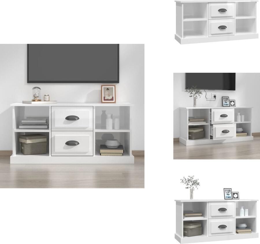 VidaXL TV-meubel Trendy en praktisch Opbergruimte- 4 open vakken en 2 lades 99.5 x 35.5 x 48 cm Kleur- Hoogglans wit Materiaal- Bewerkt hout Kast
