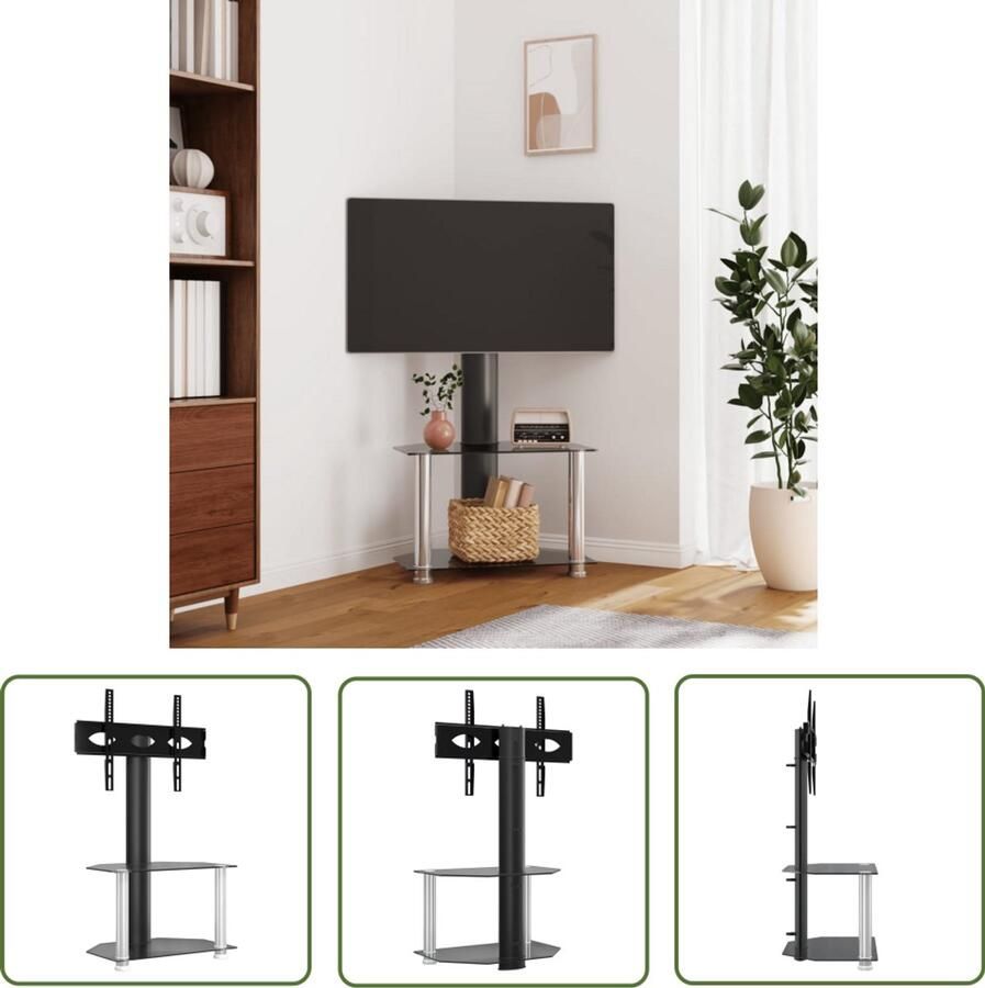 The Living Store Tv-standaard hoek 2-laags voor 32-70 inch zwart en zilverkleur Tv-standaard Hoek Tv-standaard Tv-meubel Media Kast Zwarte Tv-standaard - Foto 2