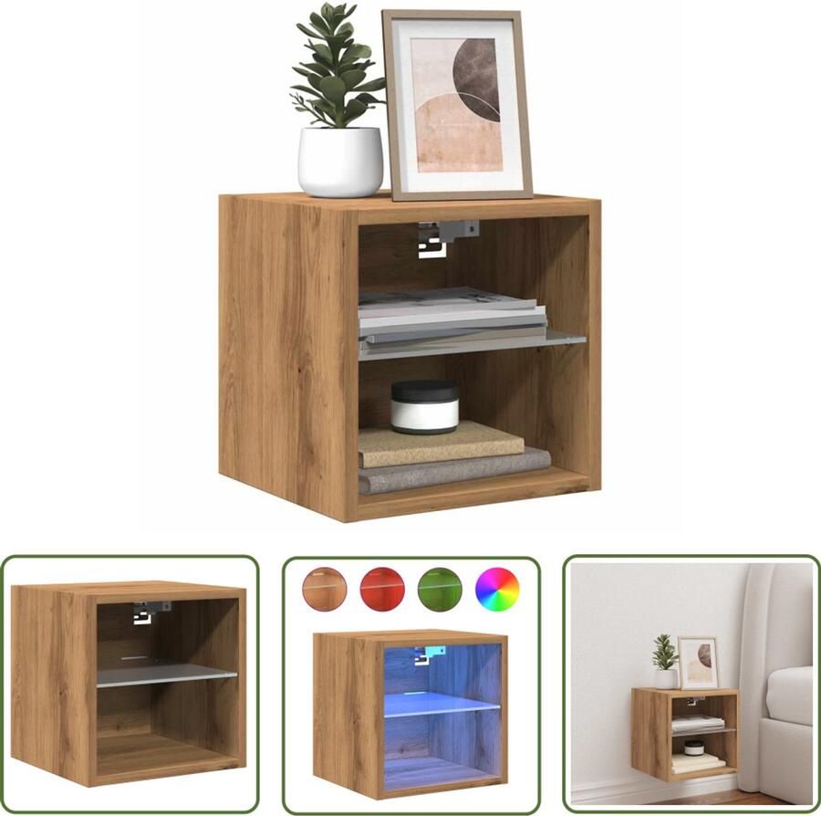 The Living Store Tv-wandmeubel met LED-verlichting 30x28 5x30cm artisanaal eiken Tv-standaard Tv-meubel Led-verlichting Salontafel Houten Meubels