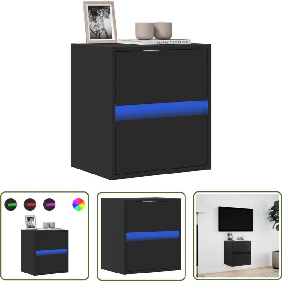 VidaXL Tv-meubel Tv-standaard Tv-wandmeubel met LED-verlichting 41x31x45 cm zwart Wandmontage Led-verlichting Opbergruimte