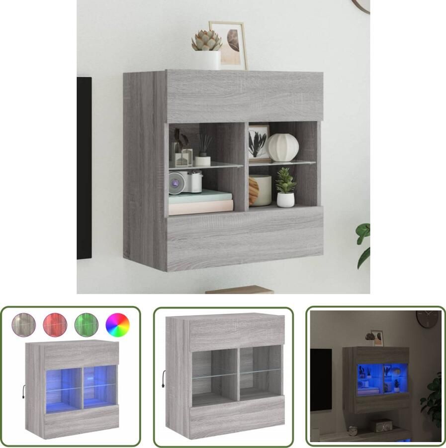 The Living Store Tv-wandmeubel met LED-verlichting 58 5x30x60 5 cm grijs sonoma Tv-standaard Tv-meubel Wandmontage Led-verlichting Grijze Meubels