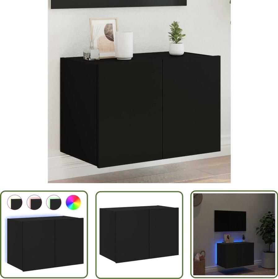 The Living Store Tv-wandmeubel met LED-verlichting 60x35x41 cm zwart Tv-standaard Tv-meubel Led-verlichting Zwarte Tv-kast Houten Tv-tafel