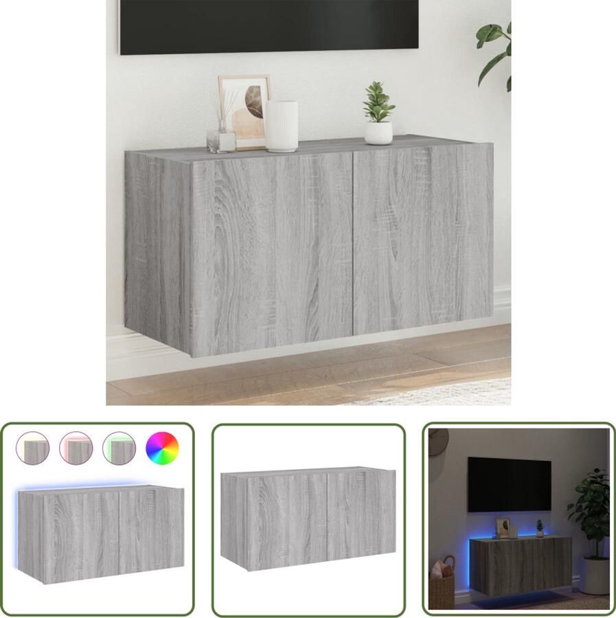 The Living Store Tv-wandmeubel met LED-verlichting 80x35x41 cm grijs sonoma Tv-standaard Tv-meubel Wandmontage Led Verlichting Grijze Tv Stand