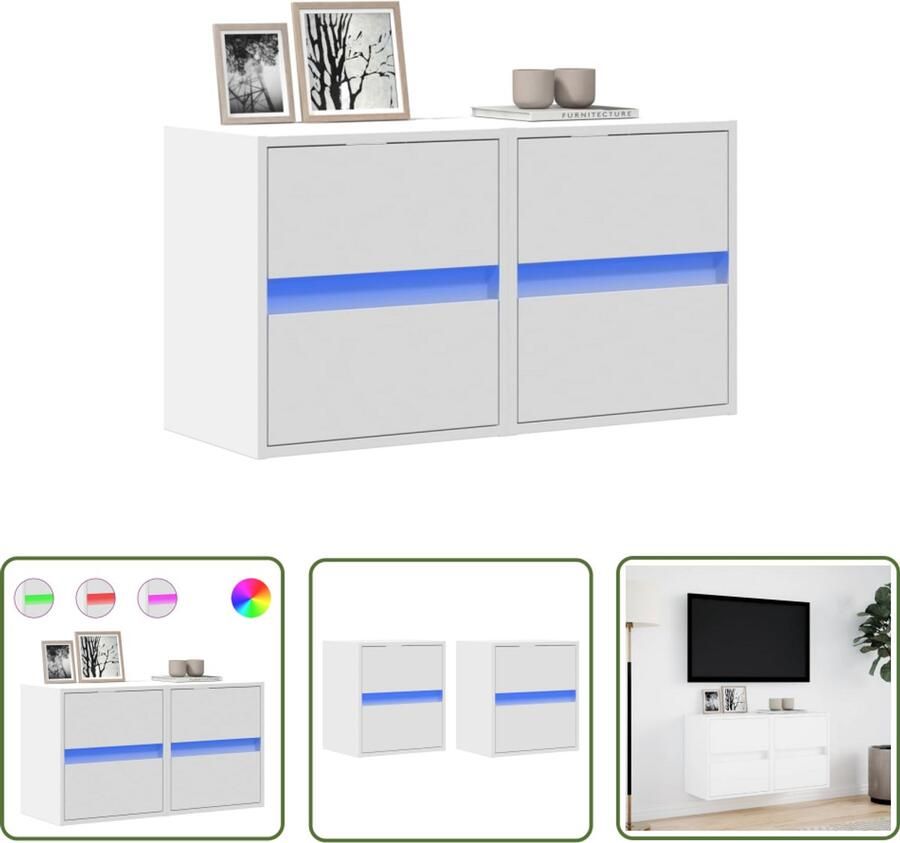 VidaXL Tv-meubel Tv-standaard Tv-wandmeubels 2 st met LED-verlichting 41x31x45 cm wit Wandmontage Led Verlichting Opbergruimte