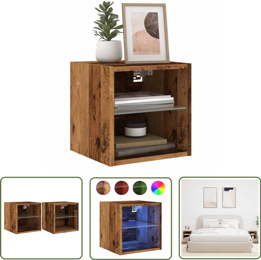 The Living Store Tv-wandmeubels met LED-verlichting 2 st 30x28 5x30 cm oud hout Tv-standaard Tv-meubel Led-verlichting Houten Meubilair Salontafel