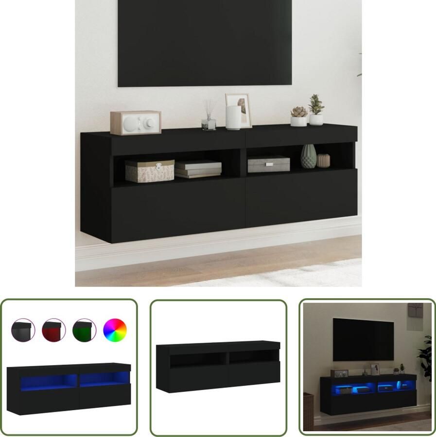 The Living Store Tv-wandmeubels met LED-verlichting 2 st 60x30x40 cm zwart Tv-standaard Tv-meubel Led Verlichting Houten Tv Stand Wandmontage - Foto 2