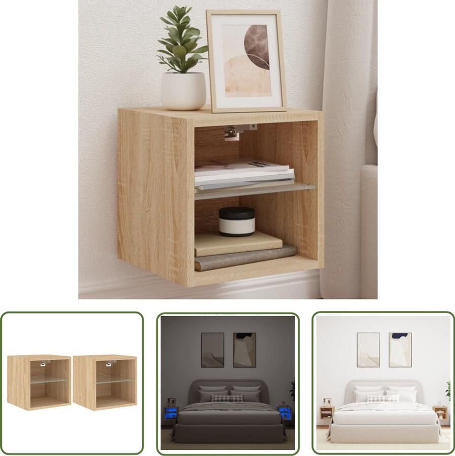 The Living Store Tv-wandmeubels met LED 2 st 30x28 5x30 cm sonoma eikenkleurig Tv-wandkast Tv-meubel Sonoma Eiken Led Verlichting Wandmontage