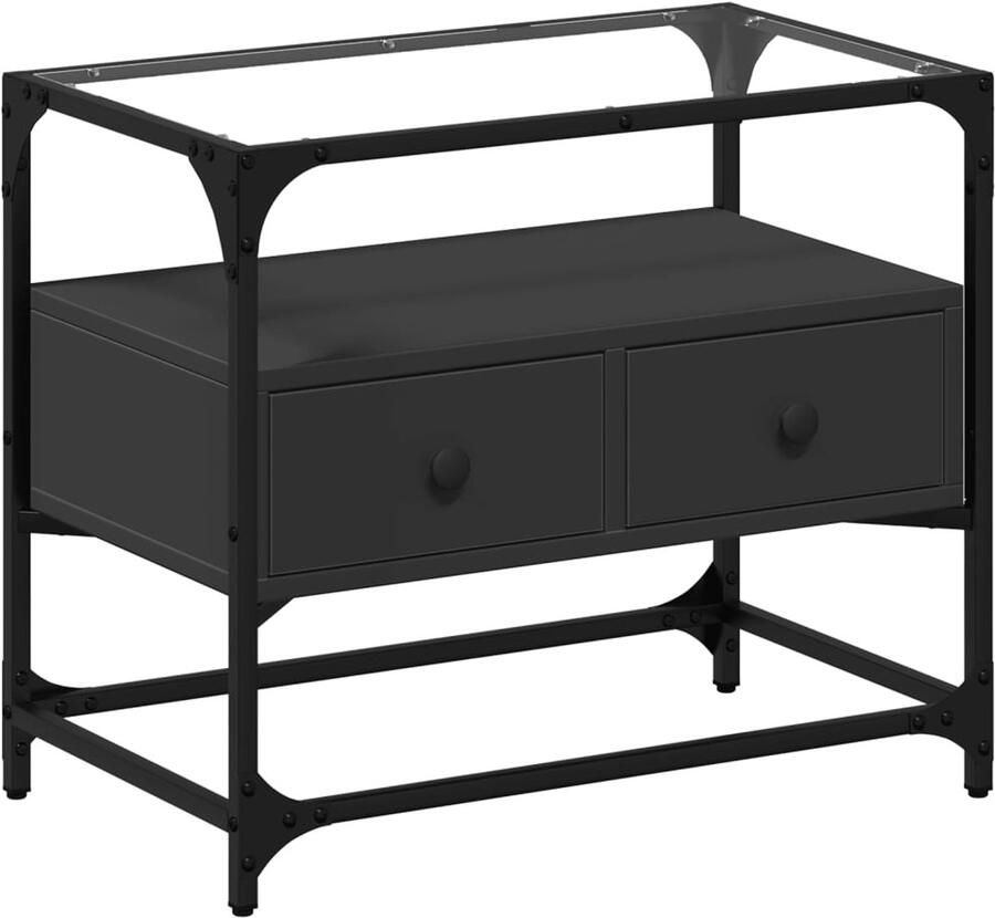 The Living Store Tv-meubel met glazen blad 60x35x51 cm bewerkt hout zwart Tv Kast Tv Meubel Houten Tv Kast Industrieel Tv Meubel Zwarte Tv Kast - Foto 2