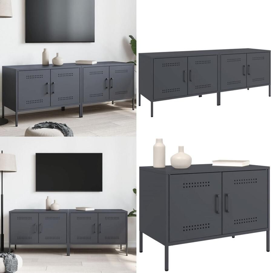 The Living Store Tv-meubelen 2 st 68x39x50 5 cm staal antracietkleurig Tv-meubel Industrieel Design Robuust Staal Antraciet - Foto 2