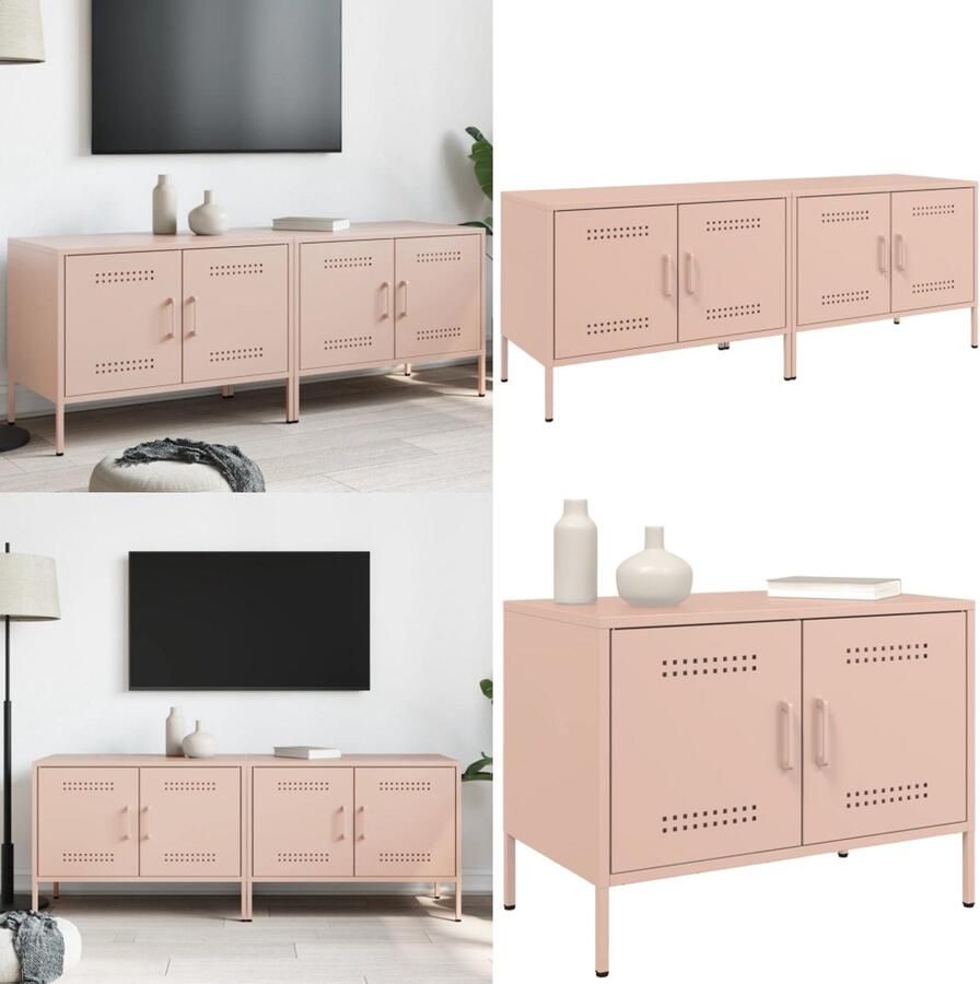 The Living Store Tv-meubelen 2 st 68x39x50 5 cm staal roze Tv-meubilair Industrieel Design Roestvrijstaal Tv Kast Salontafel - Foto 2