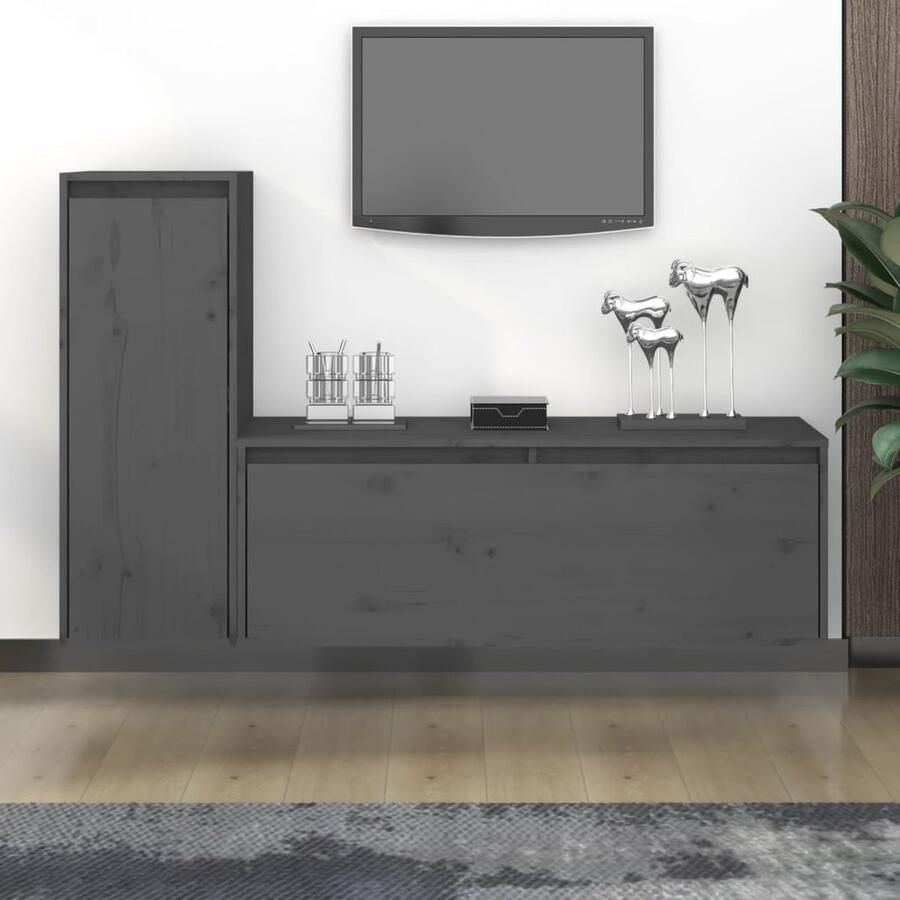 VidaXL Tv-meubelen 2 stuks Massief grenenhout Grijs Televisiescherm Houten Tv-meubel Grenshouten Tv-standaard Salontafel Livingroom Furniture Tv Kasten - Foto 2