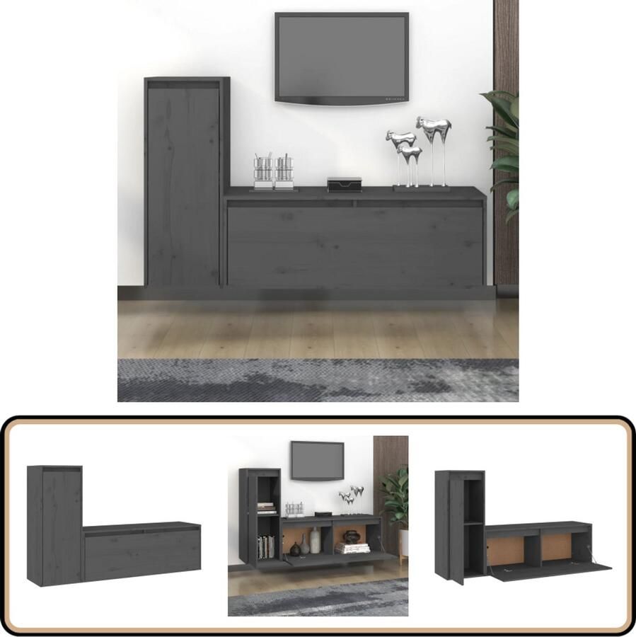 VidaXL Tv-meubelen 2 stuks Massief grenenhout Grijs Televisiescherm Houten Tv-meubel Grenshouten Tv-standaard Salontafel Livingroom Furniture Tv Kasten