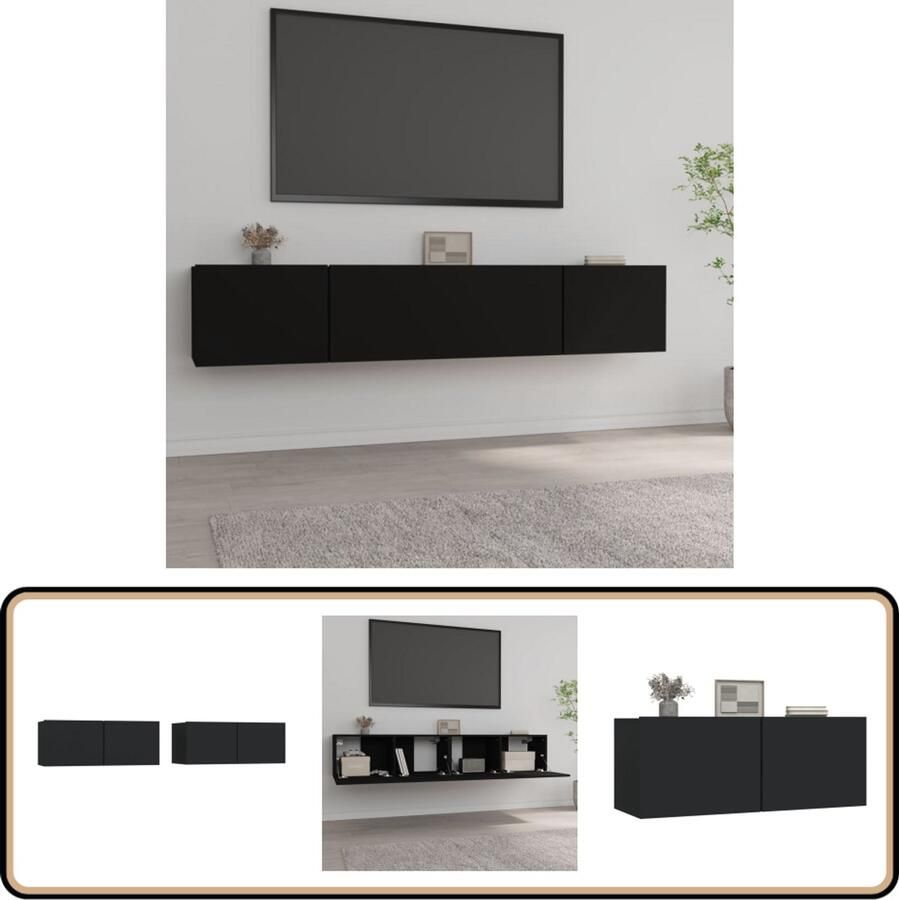 VidaXL Tv-meubelen 2 stuks Zwart Bewerkt hout Tv Meubel Zwarte Tv Kast Houten Tv Stand Wandmontage Tv Meubel Tv Meubels