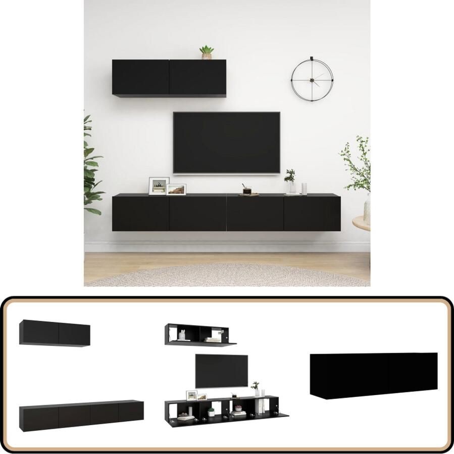 VidaXL Tv-meubelen 3 stuks Bewerkt hout Zwart Tv Meubels Houten Tv Stand Zwarte Tv Kast Wandmontage Tv Kast Salontafel Media Kast Living Room Decor Opslag Ruimte Compact Tv Tafel Modern Tv Meubel