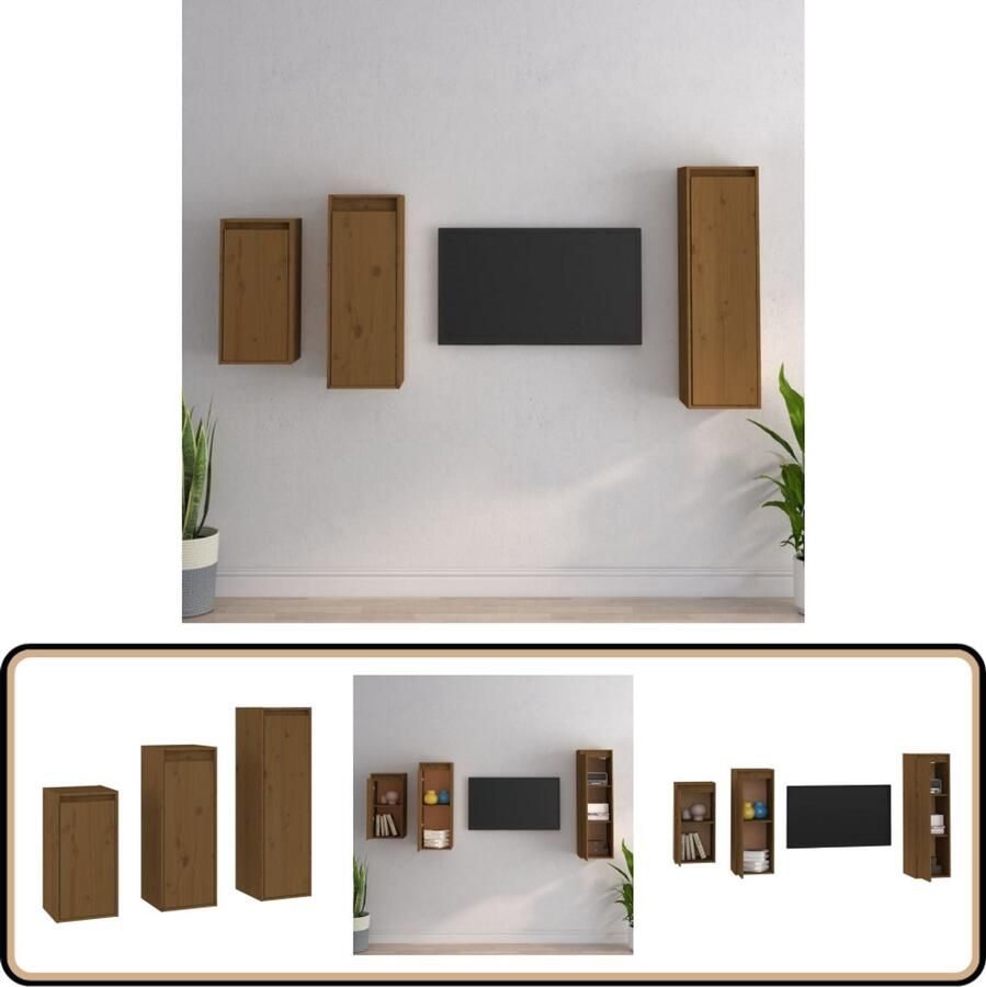 VidaXL Tv-meubelen 3 stuks Massief grenenhout Honingbruin Tv Meubels Houten Tv Meubel Grenoble Hout Wandkast Salontafel - Foto 2