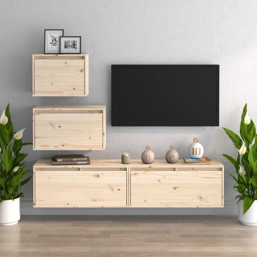 VidaXL Tv-meubelen 4 st massief grenenhout TV Meubel Houten TV Kast Grenoblehouten TV Stand Salontafel Woonaccessoires Wanddecoratie Opbergruimte