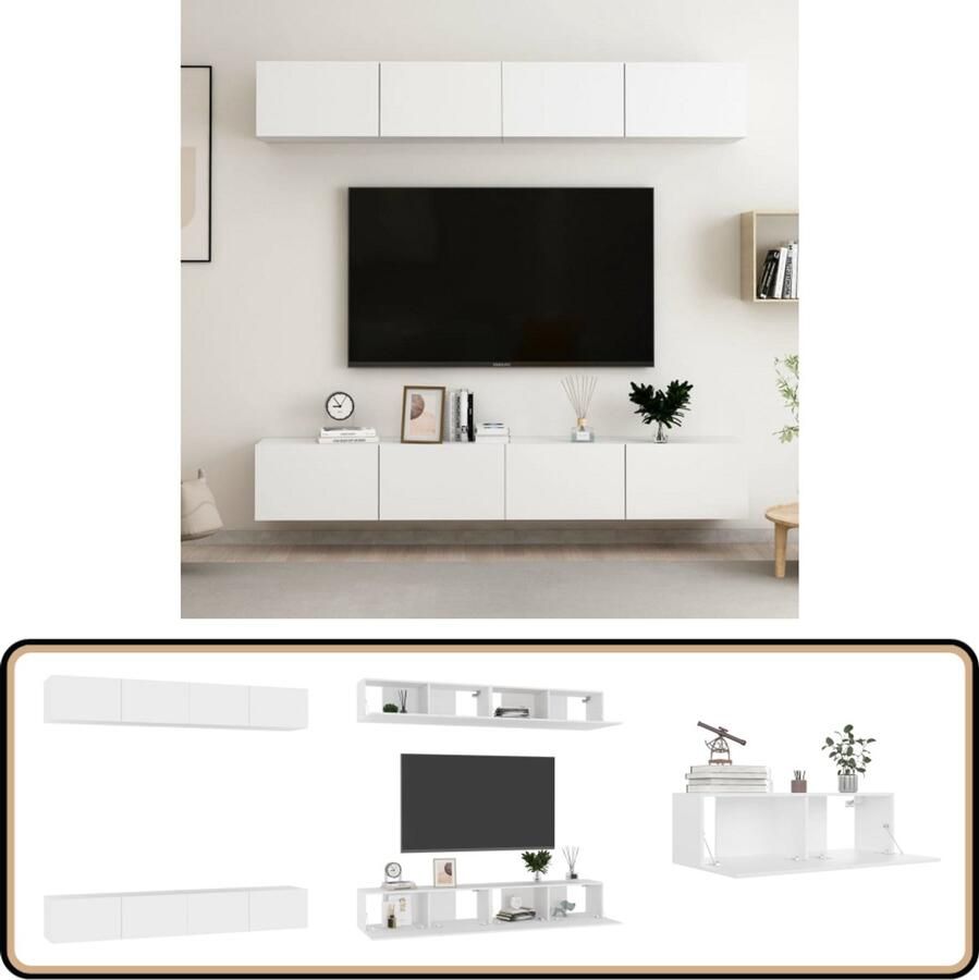VidaXL Tv-meubelen 4 st wit 100x30x30 cm MDF Televisiescherm Tv-meubel Salontafel Houten Tv-meubel Wit Tv-meubel Wandtv-meubel Mediabox Opslagruimte Livingroom Furniture Kamerdecoratie