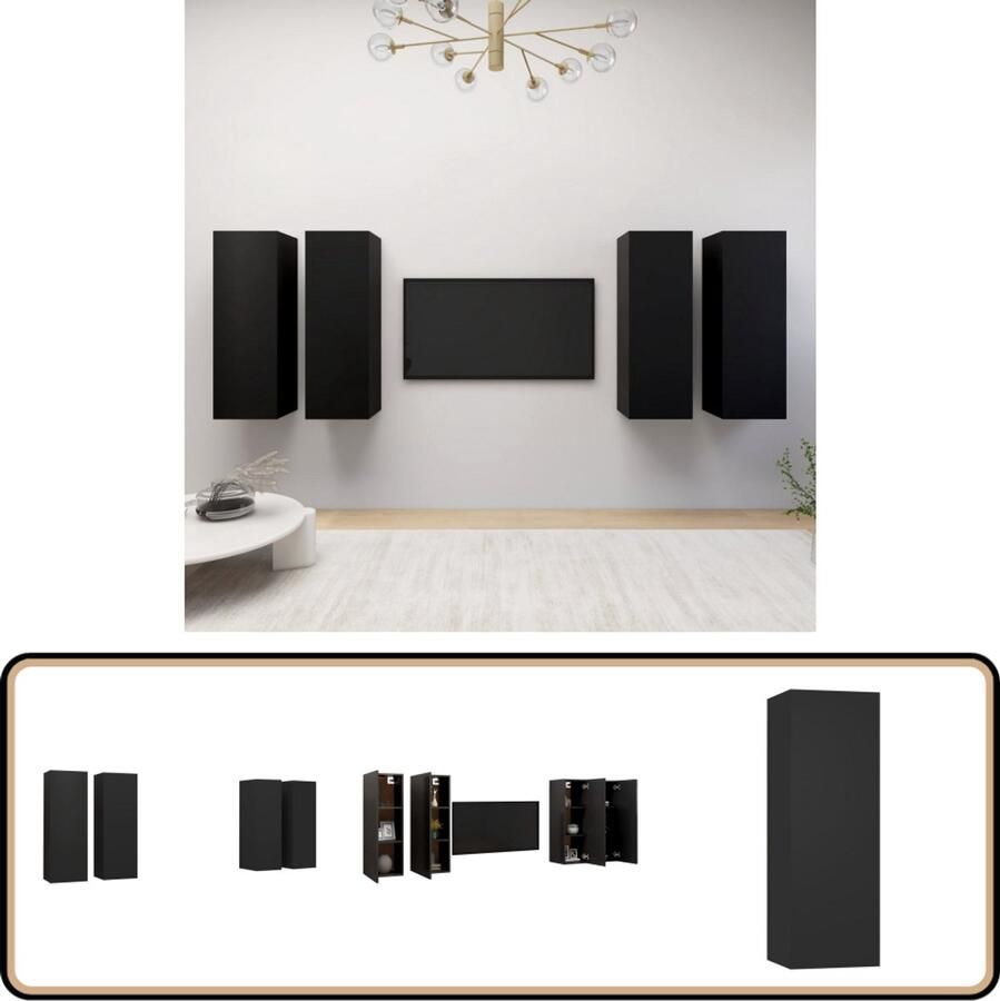 VidaXL Tv-meubelen 4 stuks 30 5x30x90 cm Zwart Tv-meubel Wandkast Houten Tv-standaard Black Furniture Living Room Storage Media Cabinet Modern Tv Stand Slimline Tv Unit Wall Mounted Shelves Home Entertainment Center