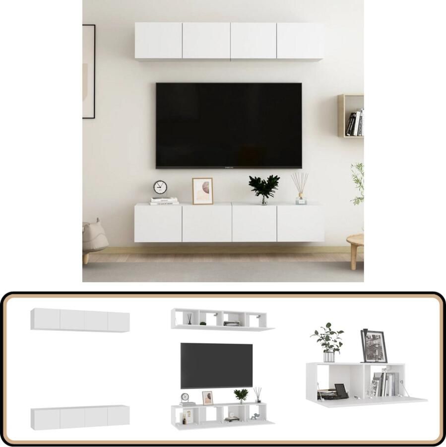 VidaXL Tv-meubelen 4 stuks 80x30x30 cm Wit Tv-meubel Stereokast Salontafel Houten Meubilair Witte Meubelen Wandmontage Bergruimte Livingroom Furniture Woonkamerdecoratie