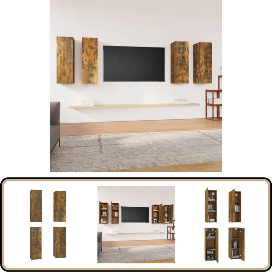 VidaXL Tv-meubelen 4 stuks Gerookt eiken Bewerkt hout Tv Meubel Wandkast Houten Kast Modern Tv Meubel Bruine Tv Kast Opbergkast Living Room Furniture