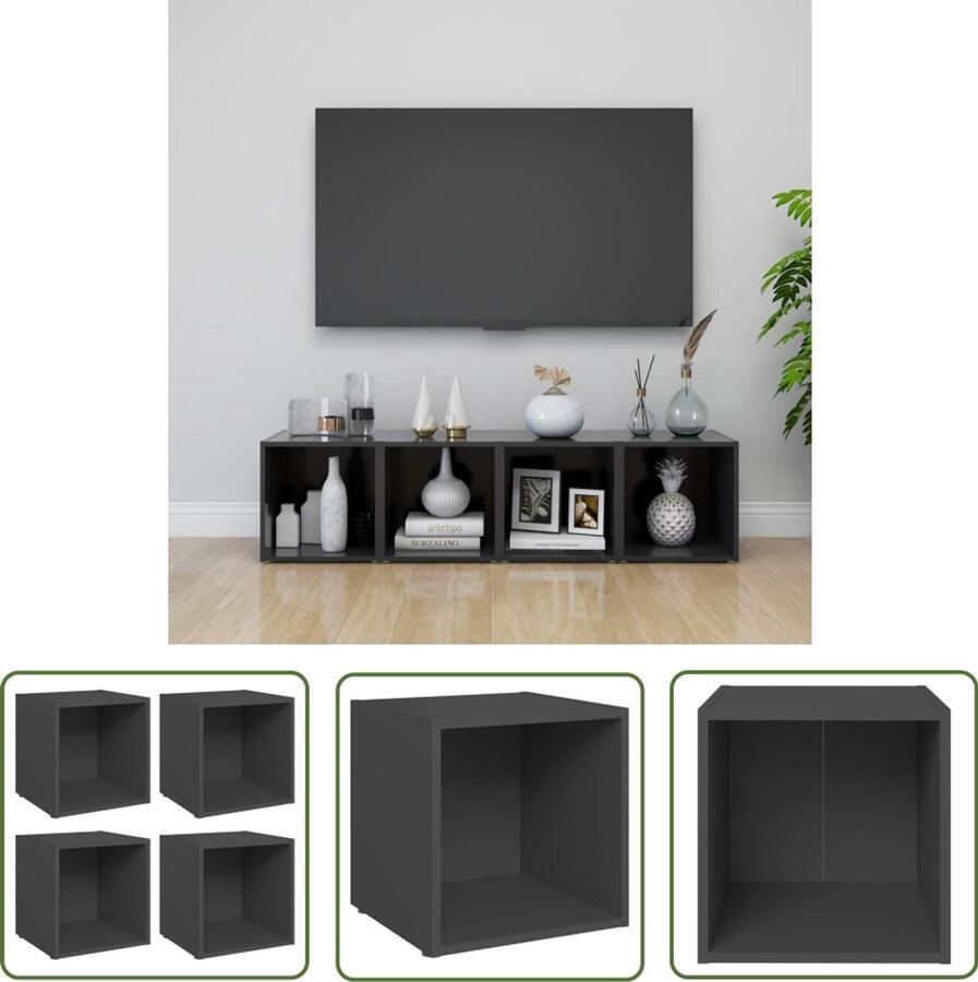 VidaXL Tv-meubelen 4 stuks Grijs Hout Tv-meubel Tv-kast Houten Tv-standaard Media Kast Livingroom Furniture Woonkamerinrichting Witgoed Accessoires Entertainment Center Videowerkbank Mediagerief