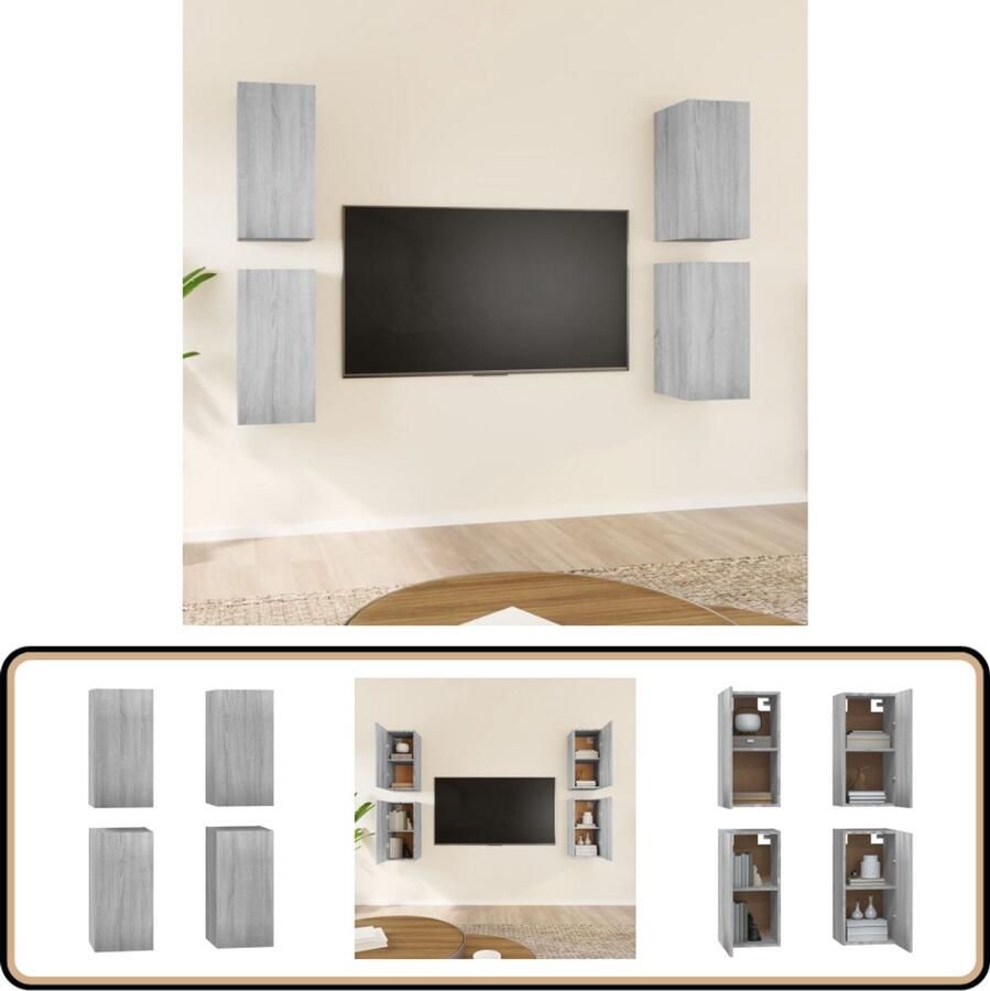 VidaXL Tv-meubelen 4 stuks Grijs Sonoma Eiken Tv Meubel Houten Tv Kast Tv Stand Grijze Tv Kast Modern Tv Meubel Tv Meubilair