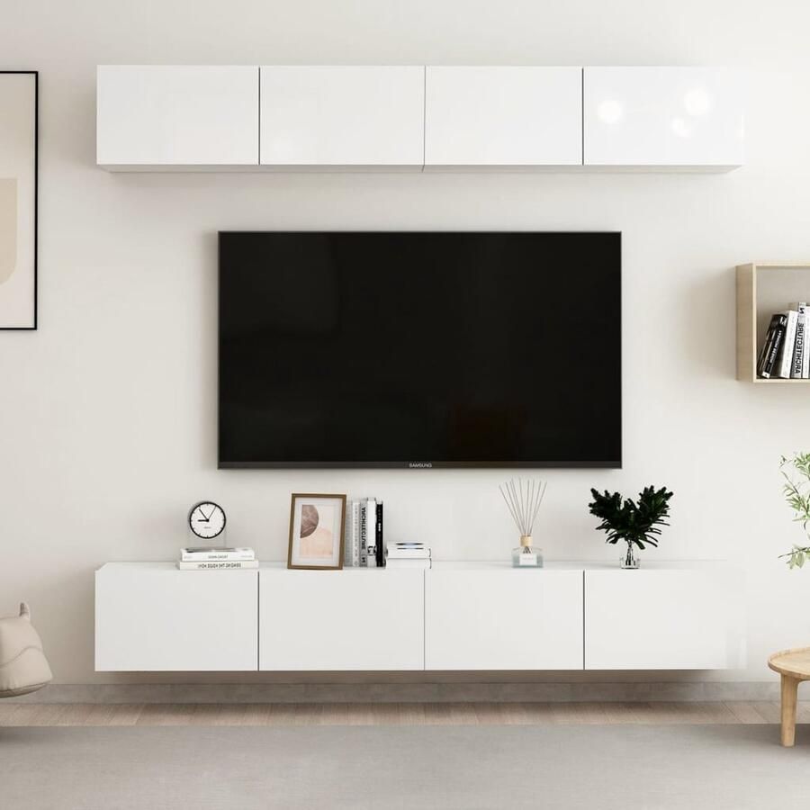VidaXL Tv-meubelen 4 stuks Hoogglans wit 100x30x30 cm TV-meubel Tv Meubilair Salontafel Woonkamerinrichting Witte Tv-stand Houten Tv-meubel Modern Tv-meubel Compact Tv-meubel Wandmontage Tv-meubel