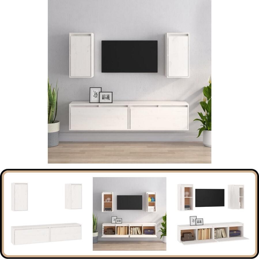 VidaXL Tv-meubelen 4 stuks Massief Grenenhout Wit Tv Meubilair Houten Tv Kast Vintage Tv Kast Klassieke Tv Kast Grenoble Hout Witte Tv Kast Salontafel