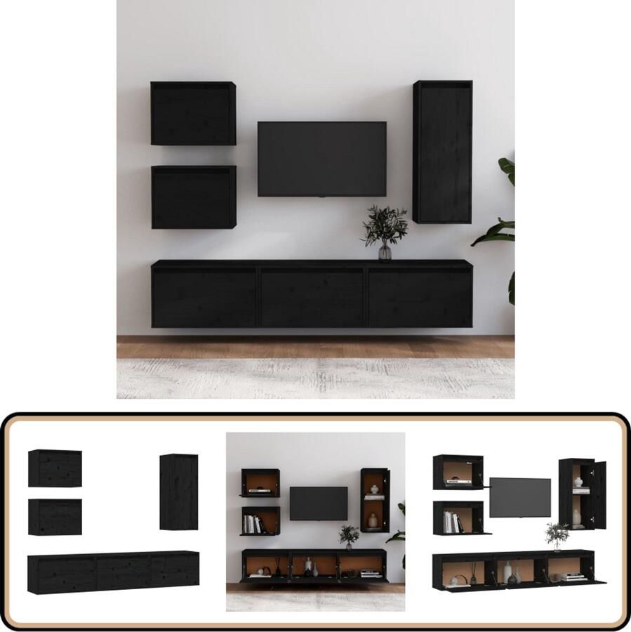 VidaXL Tv-meubelen 6-delig Massief Grenenhout Zwart TV Meubels Houten TV Meubel Zwarte TV Kast Vintage TV Stand Classic TV Unit