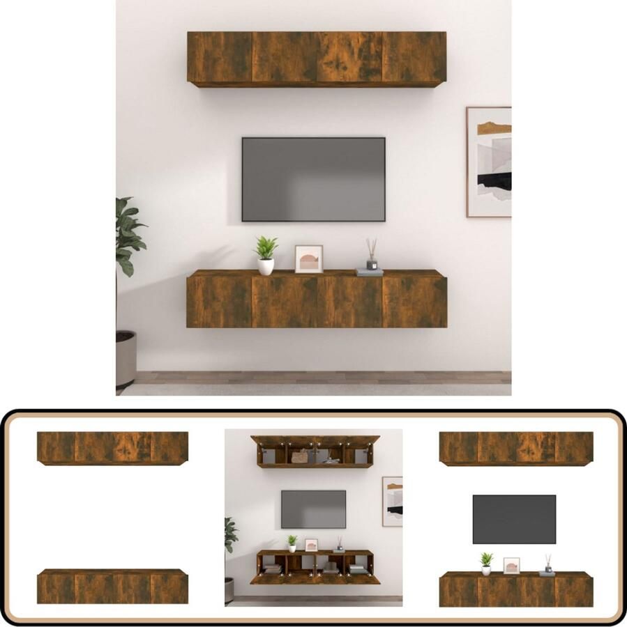 VidaXL Tv-meubelen set 4 stuks gerookt eikenhout Tv-meubel Wandmontage Houten Tv-tafel Gerookte Eik Opbergruimte Mediastand