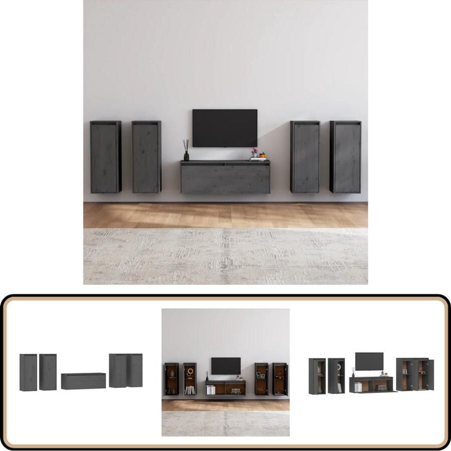 VidaXL Tv-meubelen set 5 st massief grenen grijs TV Meubel Vintage Meubel Houten TV Kast Grenoble Hout Salontafel Living Room Furniture Vloerstaande TV Unit
