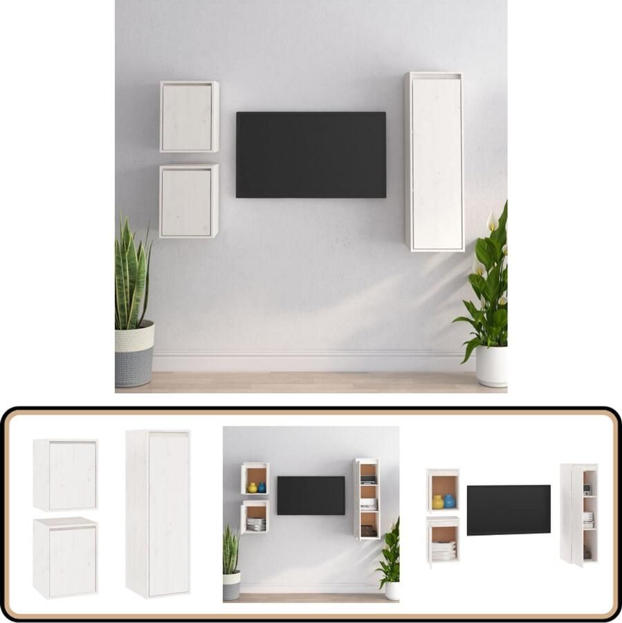 VidaXL Tv-meubelen set massief grenenhout wit Televisie Kast Houten Tv-meubel Klassieke Tv-standaard Wit Tv-meubel Grenoble Hout Salontafel Wanddecoratie