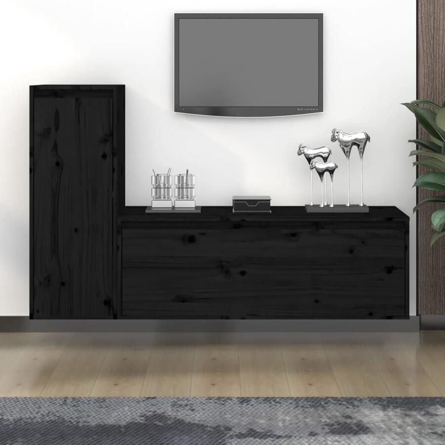 VidaXL Tv-meubelen Set van 2 Massief Grenenhout Zwart Klassieke Televisie Kasten Houten Tv Meubels Tv Stand Grenoble Hout Zwarte Tv Kast Salon Meubilair Woonkamerdecor