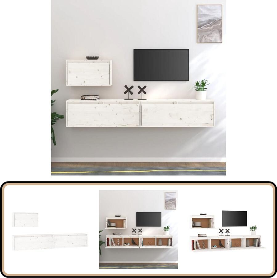 VidaXL Tv-meubelen set van 3 wit massief grenen TV-meubel Grenoble Hout Wandmeubel Wit Modern Minimalistisch Vintage Salondecoratie