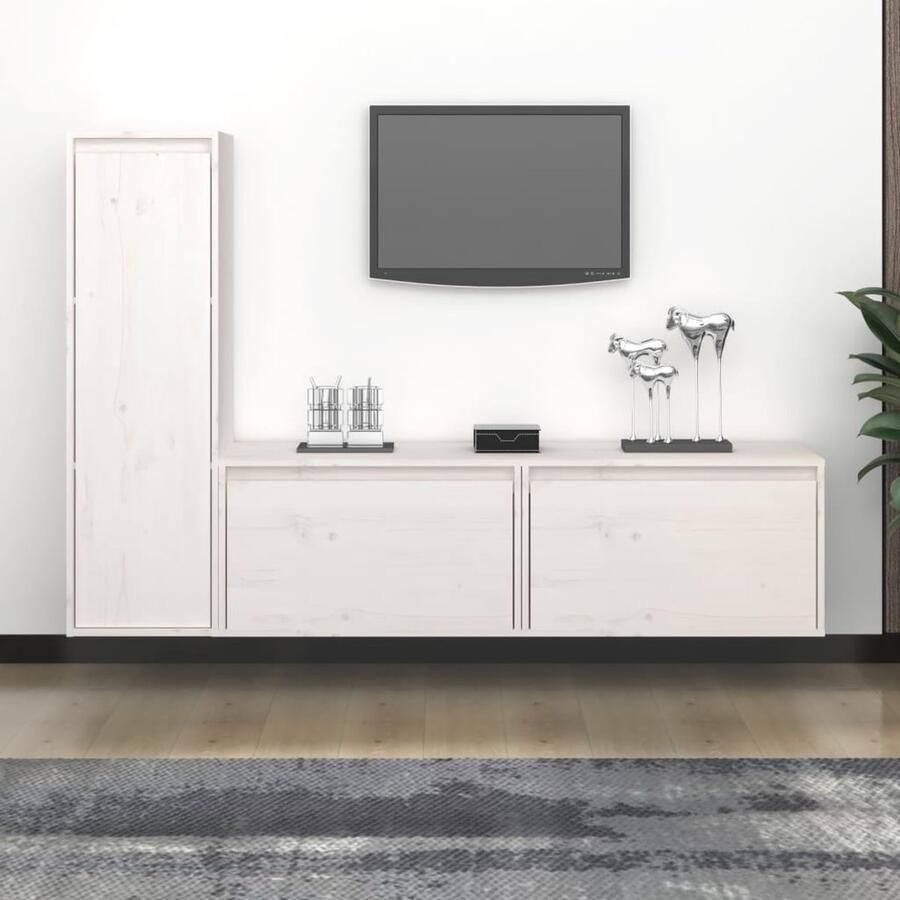VidaXL Tv-meubelen Set van 3 Wit Massief Grenenhout Televisiemeubel Tv Kasten Houten Meubilair Wandmontage Witte Meubels Classic Design Livingroom Furniture