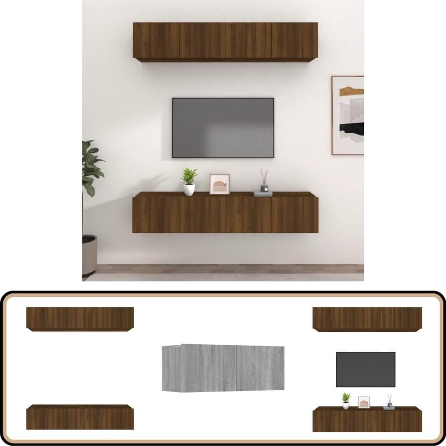 VidaXL Tv-meubelen Set van 4 Bruin Eiken 80x30x30 cm Wandmontage Tv Meubilair Houten Tv Kast Bruin Tv Meubel Tv Wandplank Opbergruimte Tv