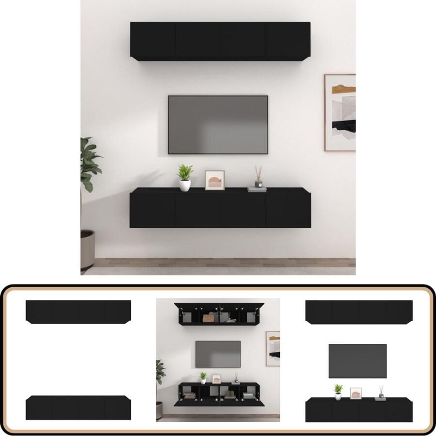 VidaXL Tv-meubelen set van 4 Zwart 80x30x30 cm Tv Kast Wandmontage Houten Tv Stand Tv Meubel Opbergruimte Klassieke Tv Kast Zwart Tv Meubel
