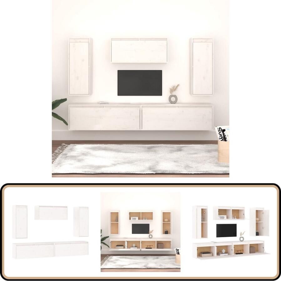 VidaXL Tv-meubelen Set van 5 Massief Grenenhout Wit Televisie Meubel Tv Meubilair Houten Tv Kast Witte Tv Kast Grenoble Hout