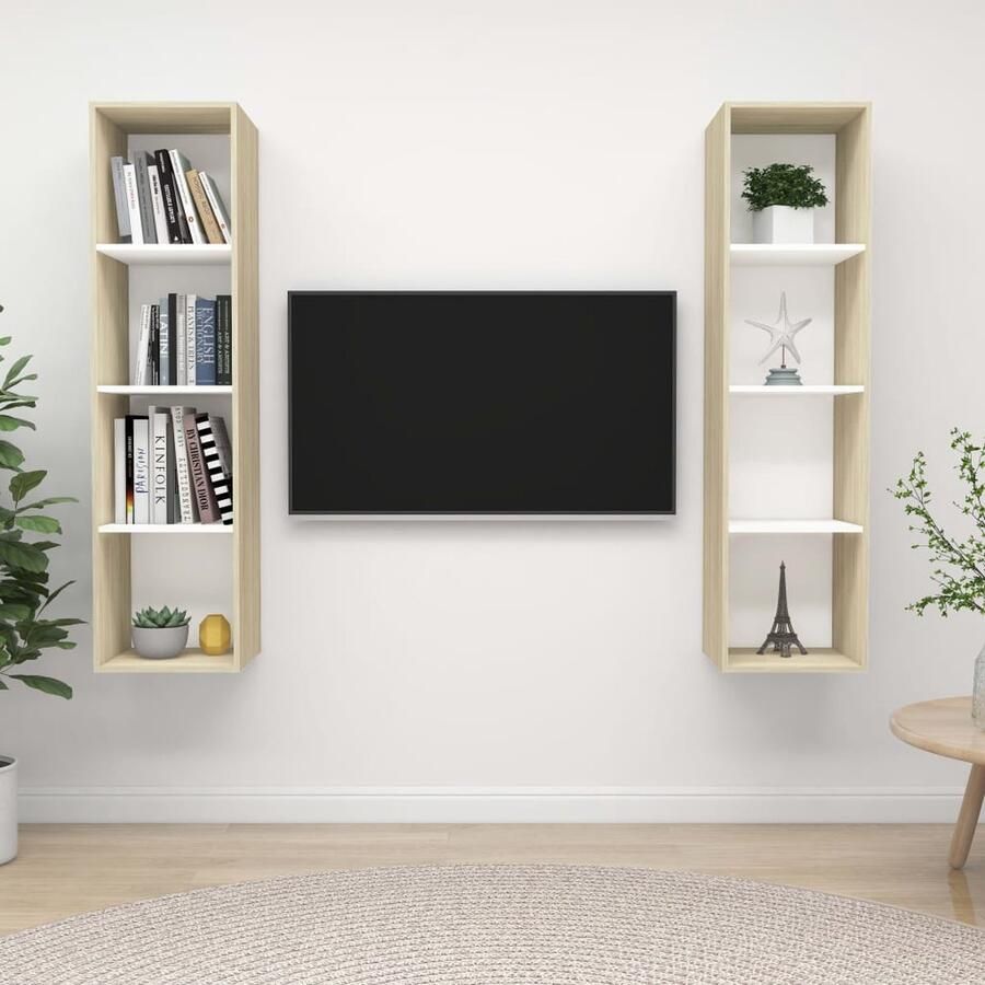 VidaXL Tv-meubelen Wit & Sonoma Eiken Set van 2 Tv Wandmeubel Houten Tv Stand Salontafel Media Kast Living Room Furniture Witte Tv Kast Eiken Tv Kast Tv Unit Tv Cabinet Modern Tv Stand - Foto 2