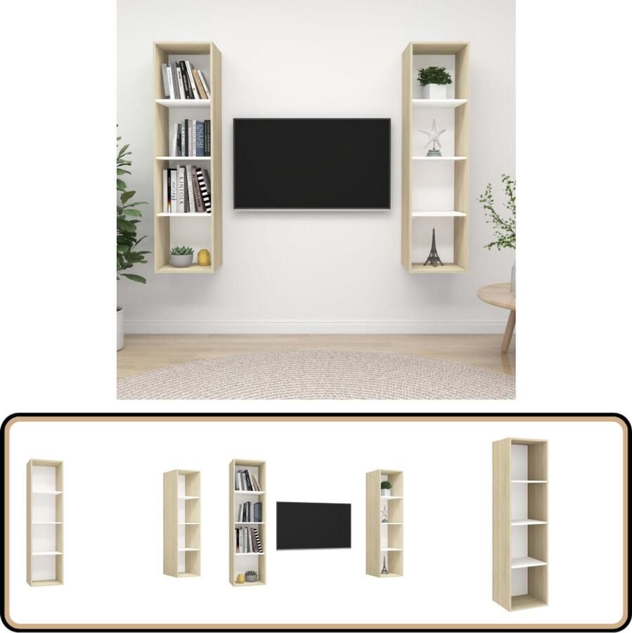 VidaXL Tv-meubelen Wit & Sonoma Eiken Set van 2 Tv Wandmeubel Houten Tv Stand Salontafel Media Kast Living Room Furniture Witte Tv Kast Eiken Tv Kast Tv Unit Tv Cabinet Modern Tv Stand