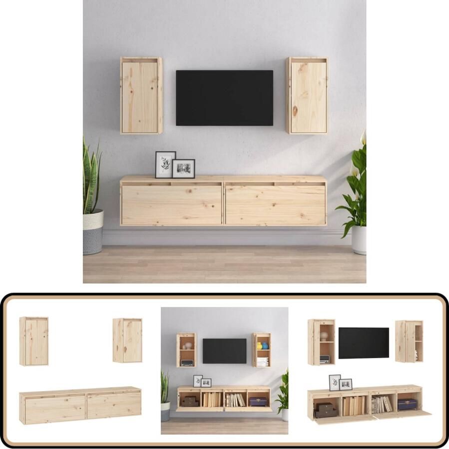 VidaXL Tv-meubelenset Grenenhout 4 stuks Tv Meubels Houten Tv Kast Grenoble Hout Wandmontage Hifi Kast Salon Meubilair