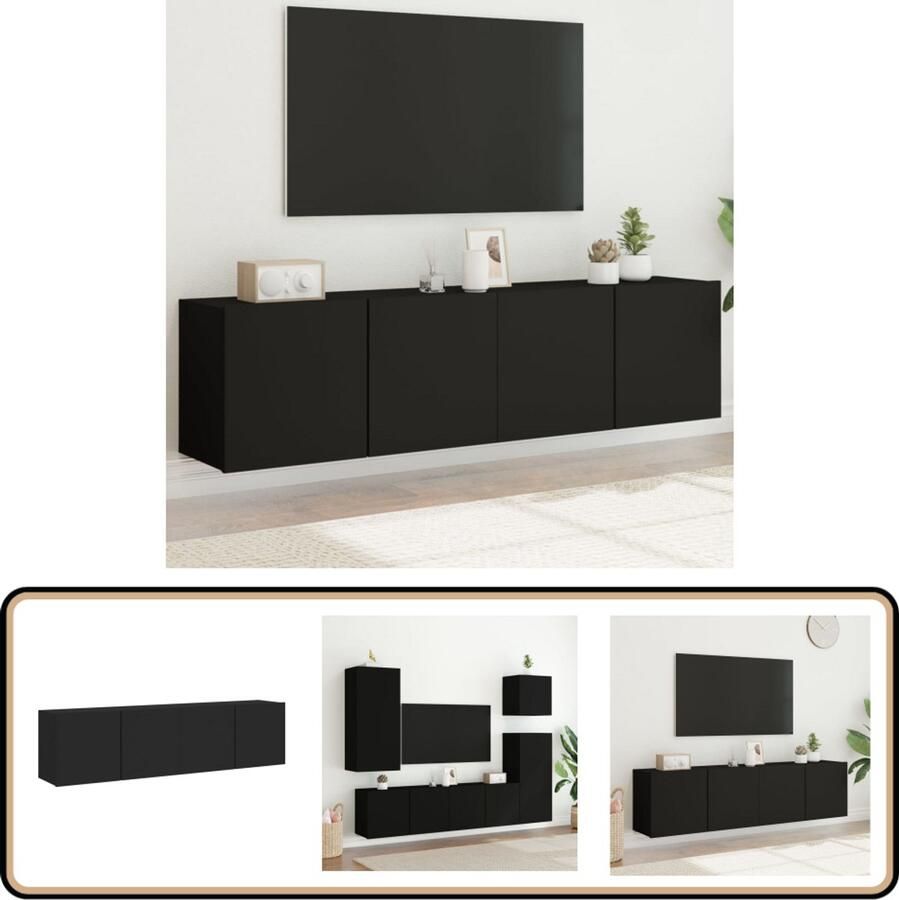 The Living Store Tv-meubels 2 st wandgemonteerd 80x30x41 cm zwart Tv Kast Tv Meubel Wandmontage Houten Tv Stand Black Furniture