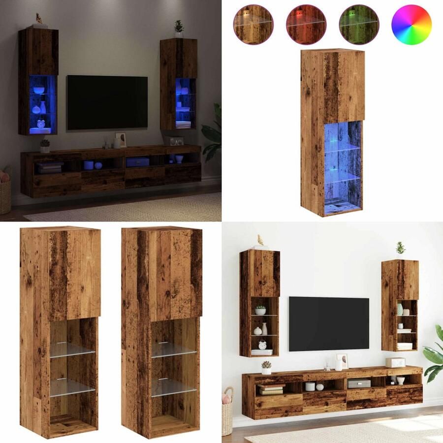 VidaXL Tv-meubels met LED-verlichting 2 st 30 5x30x102 cm oud hout Tv-meubel Tv-meubelen Tv Kast Opbergkast