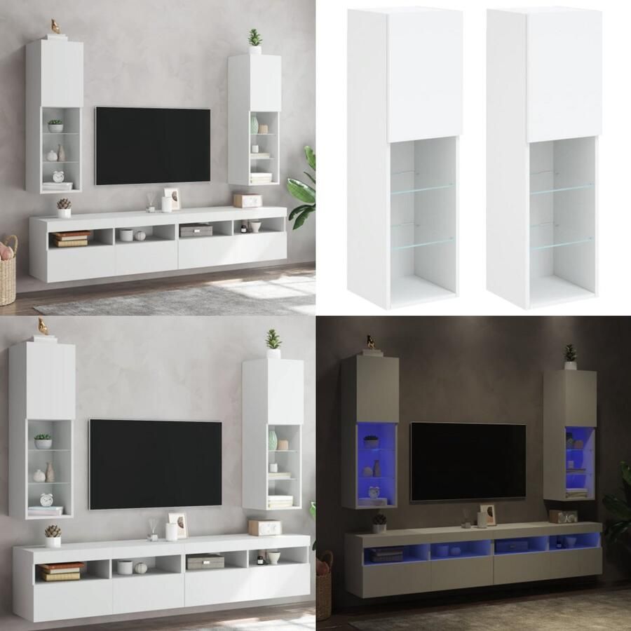 VidaXL Tv-meubels met LED-verlichting 2 st 30 5x30x102 cm wit Tv-meubel Tv-meubelen Tv Kast Opbergkast