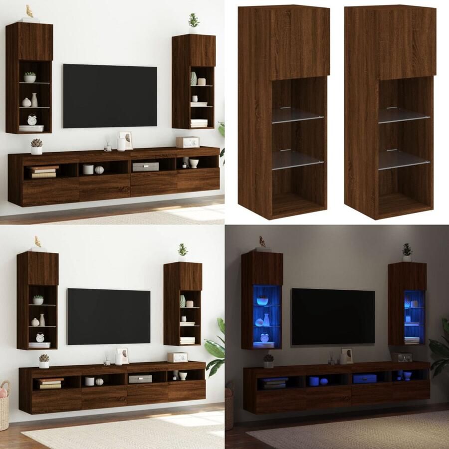 VidaXL Tv-meubels met LED-verlichting 2 st 30 5x30x90 cm bruineiken Tv-meubel Tv-meubelen Tv Kast Opbergkast