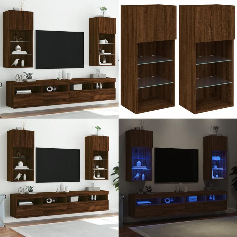 VidaXL Tv-meubels met LED-verlichting 2 st 40 5x30x90 cm bruineiken Tv-meubel Tv-meubelen Tv Kast Opbergkast