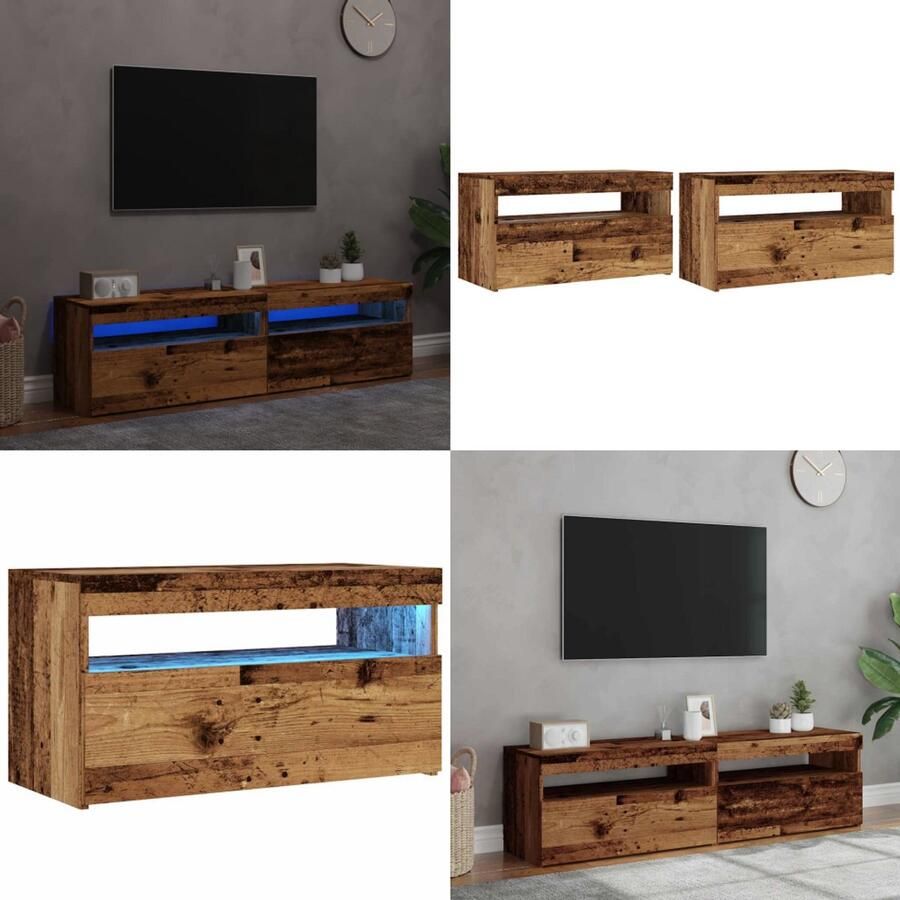 VidaXL Tv-meubels met LED-verlichting 2 st bewerkt hout oud hout Tv-meubel Tv-kasten -Tv-standaard Hifi-kast