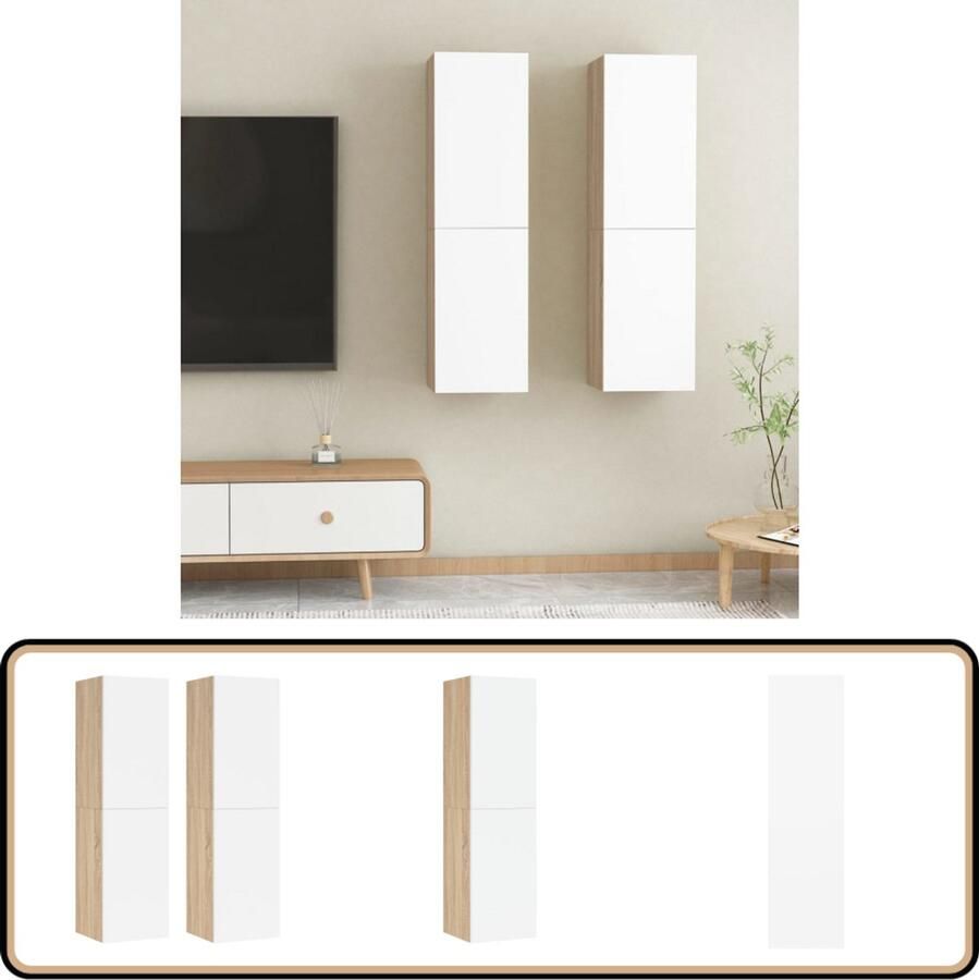 VidaXL Tv-meubels Set van 2 Wit en Sonoma Eiken Tv Kasten Wandmontage Houten Meubilair Living Room Furniture Media Storage Witte Tv Kast Sonoma Eiken Modern Tv Stand Slimline Tv Unit Compact Tv Cabinet